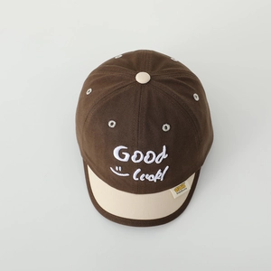 Kids baseball cap with Good Luck embroidery in dark brown and beige contrast
