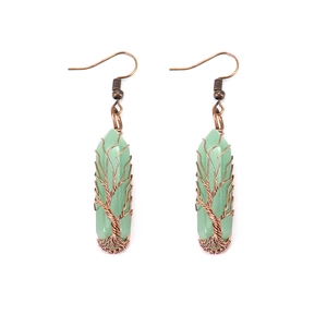 Detailed wire-wrapped tree of life earrings with green hexagonal crystal stone prisms