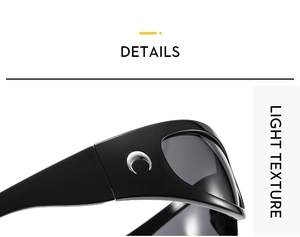 Macro detail of futuristic Y2K sunglasses with silver crescent logo and polished black frame