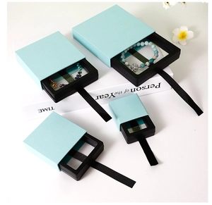 Detail of tiffany blue jewelry boxes with suspended PE film and pull-out drawer mechanism