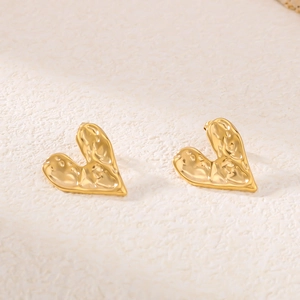 Elegant 18K gold plated stainless steel heart stud earrings with textured surface