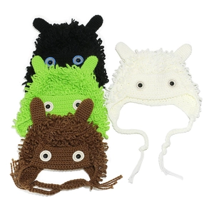 Handmade Crochet Monster Beanie Hat With Big Eyes Funny Alien Knit Earflap Cap Warm Shaggy Winter Headwear For Women