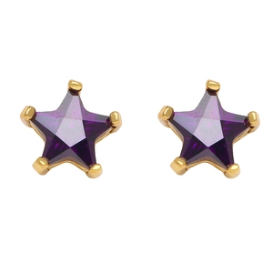 Close-up of gold-plated star studs featuring sparkling purple zircon stones and five-prong setting