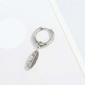 Retro punk style stainless steel hoop earring with a detailed feather pendant charm