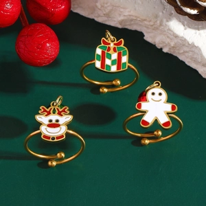 Adjustable Christmas open ring with gold elk and gingerbread man charms in festive enamel