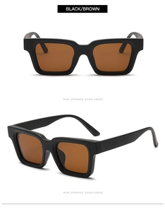 Front and 3/4 side views of retro black matte square frame sunglasses with brown lenses