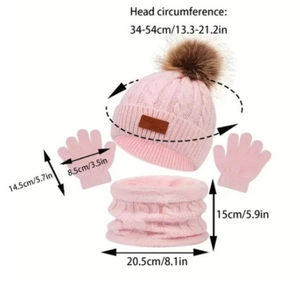 Size chart for pink knit hat set with measurements for beanie, neck warmer, and gloves