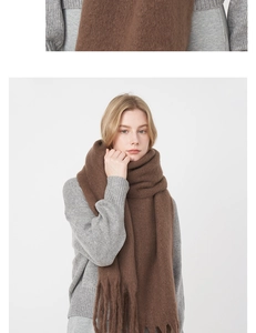 Detail of brown mohair scarf showing thick fringe texture and casual draped styling
