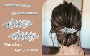 Detail of rhinestone hair barrettes set featuring pearl floral designs on model