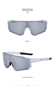 Silver sports cycling sunglasses with wrap-around lens showing front and side views