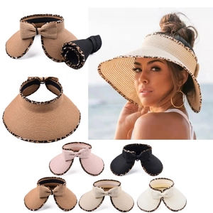 Women Open Top Straw Hat Leopard Print Large Brim Sun Visor With Bowknot Foldable Beach Summer Outdoor