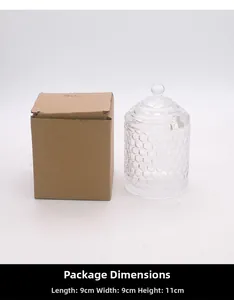 Macro detail of honeycomb glass storage jar with product packaging dimensions 9x9x11cm