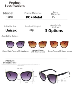 Detailed technical specifications and dimensions for cat eye leopard print sunglasses