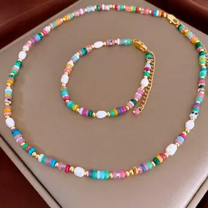Parure collier et bracelet en perles baroques et pierres naturelles colorées