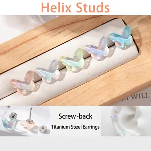 Boucles D'oreilles Papillon Acier Titane Résine Irisée Fermoir À Vis Cartilage Bijoux Doux Mignon Femmes