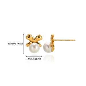 Detailed size view of gold bow knot pearl earrings measuring 10mm in height