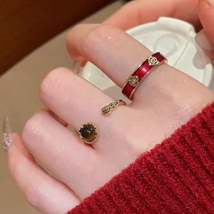 Vintage Open Adjustable Copper Ring Tiger's Eye Stone Red Enamel 18K Gold Plated Elegant Jewelry For Women