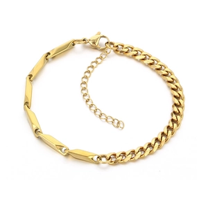 Golden stainless steel cuban chain bracelet with geometric bar links for men and women