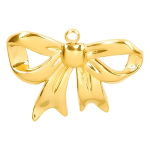 Macro detail of polished gold bow pendant with round ring connector in 304 stainless steel