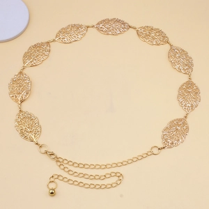 Macro view of gold hollow leaf chain belt with adjustable link and lobster clasp
