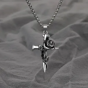 Thorn and rose cross pendant necklace in silver with gothic punk style design