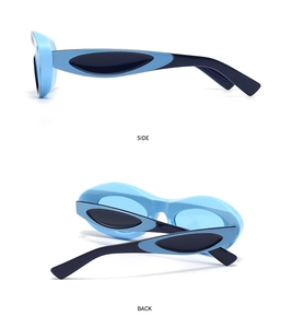 Side and back view of light blue modern sunglasses with black temples in a sleek design