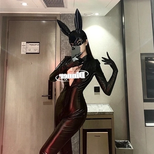 Sexy black sequin bunny girl cosplay costume with long ear mask and gloves for party