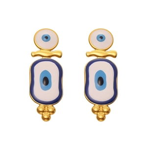 Exaggerated evil eye enamel dangle earrings with blue glaze and gold stainless steel frame