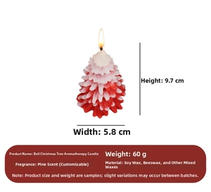 Macro shot of 9.7cm pine-scented Christmas tree candle with soy wax specifications