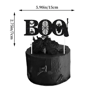 Halloween BOO cake topper with spider web and ghost in black glitter finish 15cm wide