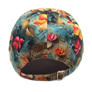 Detail of floral baseball cap back with adjustable silver metal buckle and strap