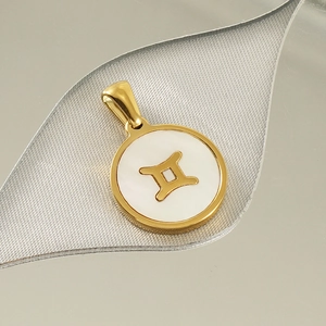 Gold titanium necklace with white shell Gemini zodiac pendant for elegant women