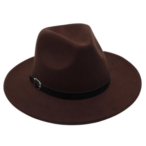Close-up of a dark brown wool fedora hat featuring a black leather belt buckle band detail