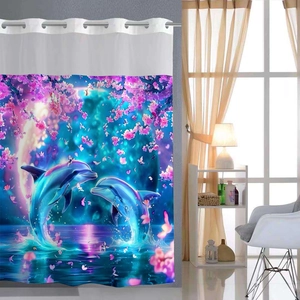 Waterproof polyester shower curtain with dolphin and floral print for bathroom decor