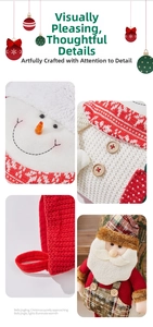 Detailed view of high-quality knit Christmas stockings with 3D Santa and snowman appliques