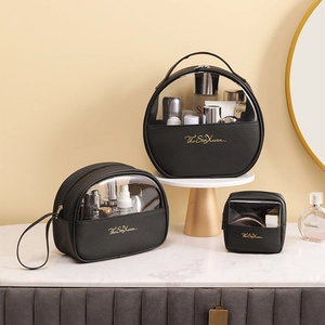 Large Capacity Travel Toiletry Bag Waterproof PU Leather Transparent PVC Makeup Organizer Portable Handle Zippered