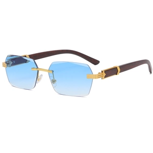 Frameless geometric sunglasses with blue gradient lenses and wood grain temples