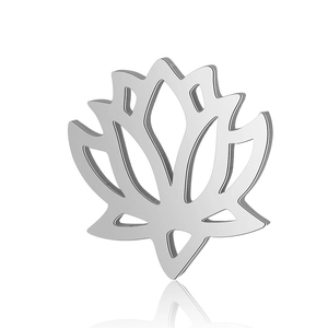 Polished silver stainless steel lotus pendant with hollow floral cutout on white background