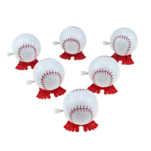 Set of six wind-up baseball toys with red walking feet on a clean white background