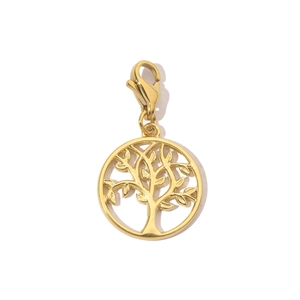 Close-up of golden Tree of Life pendant with lobster clasp on a clean white background