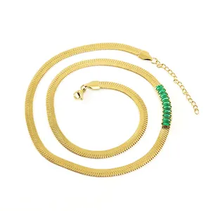 18K gold plated stainless steel snake chain necklace with rectangular green zircon accents
