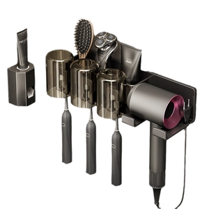 Wall-mounted gunmetal toothbrush holder set with hairdryer rack and cups in minimalist style