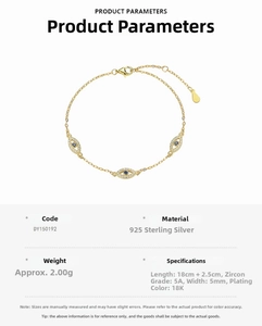 Detailed spec sheet for 925 silver 18K gold plated evil eye bracelet with blue zircon