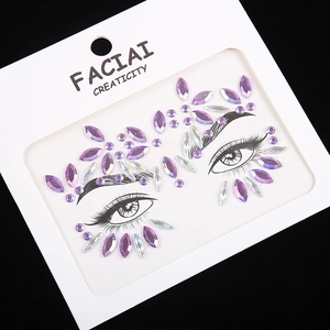 Detail of purple and iridescent crystal face jewel stickers on black background with packaging