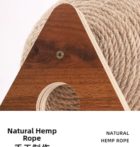 Detailed macro view of natural sisal hemp rope and solid wood frame on cat scratcher ball