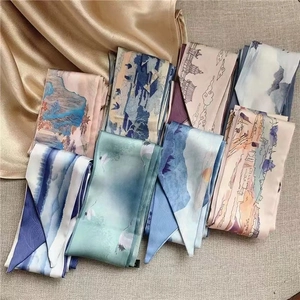 French Retro Skinny Scarf Polyester Satin Hair Band Bandana Chinese Style Landscape Printing Versatile Accessory