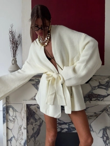 Minimalist cream knit cardigan oversized long sleeve belted sweater with vertical ribbing