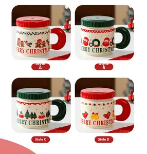Detail view of four Christmas ceramic mugs with festive gingerbread and Santa patterns