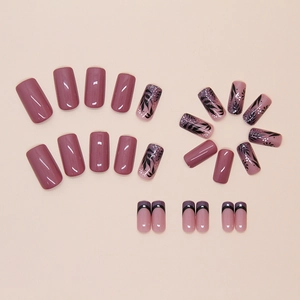 Square long purple press-on nails set with leaf designs and French glitter tips