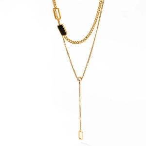 Double layered 18K gold stainless steel Y-necklace with black pendant and zircon stone